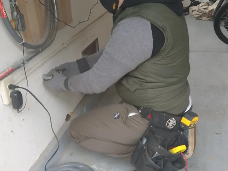 Electrician performing outlet wiring in a North Bergen garage